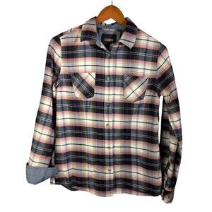 CQR 100% Cotton XS Pink & Navy Plaid Brushed Flannel Button Down Cozy Western